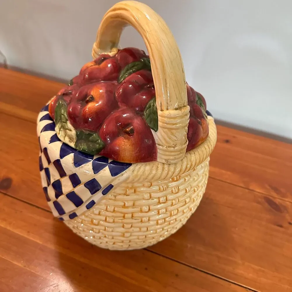 Vintage Cooks Club Ceramic Apple Basket Cookie Jar Gingham Farmhouse Kitchen Dec
